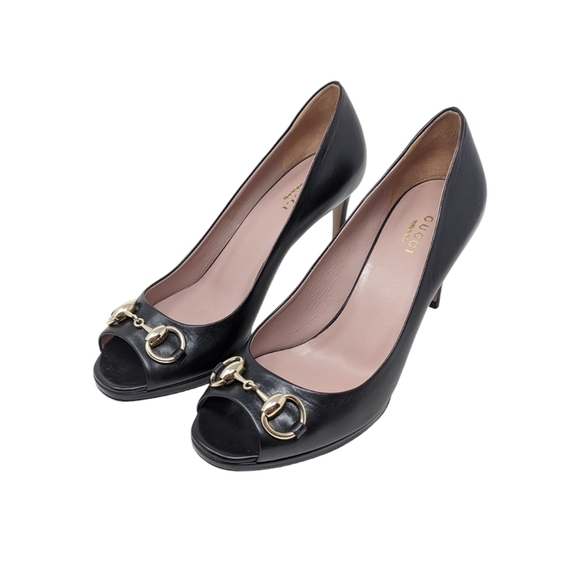 NIB Gucci Black Leather Horsebit Hollywood Peep Toe Heels Pumps Size EU 37 - Picture 5 of 11